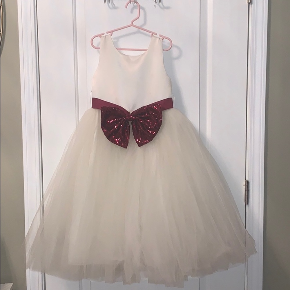 Fluffy Ivory Girls Dress with maroon bow
